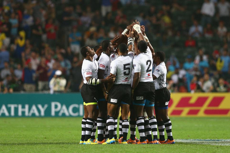 The fiji team celebrates the victory in the Hong Kong rugby 7s tournament