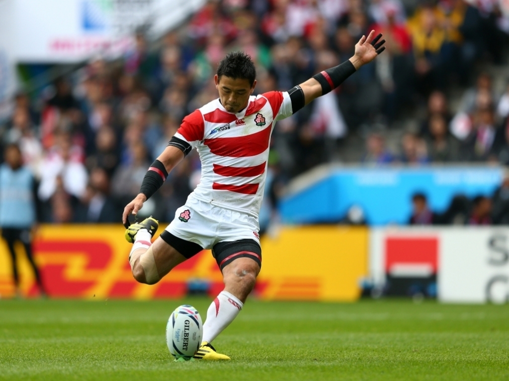 The Kicker Ayumu Goromaru, intent on kicking in goal pots in one of the matches of the 2015 world cup