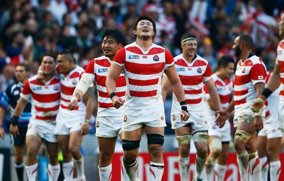 The Japanese team after the victory against South Africans in the 2015 world championship